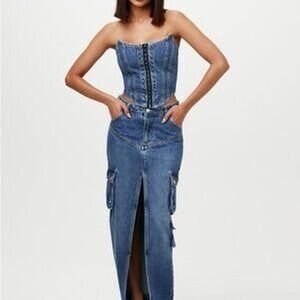 Naked Wardrobe Maxi denim cargo grunge Skirt faded Blue High Waisted Utility LG